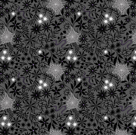 Lewis & Irene - Witchy Woods Floral Cobwebs on Grey (glow in the dark!) A884B