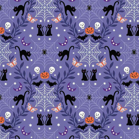 Lewis & Irene - Castle Spooky Cobwebs and Cats on Purple Blue A576.2