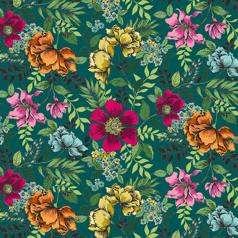 Jewel Tones by Makower Floral Turquoise 2424/T